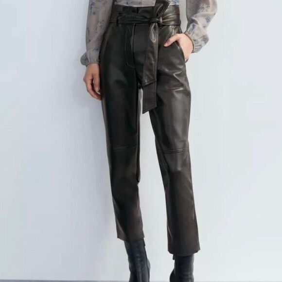 Wilfred Aritzia High Tied Faux Leather Brown Pants - Picture 2 of 9